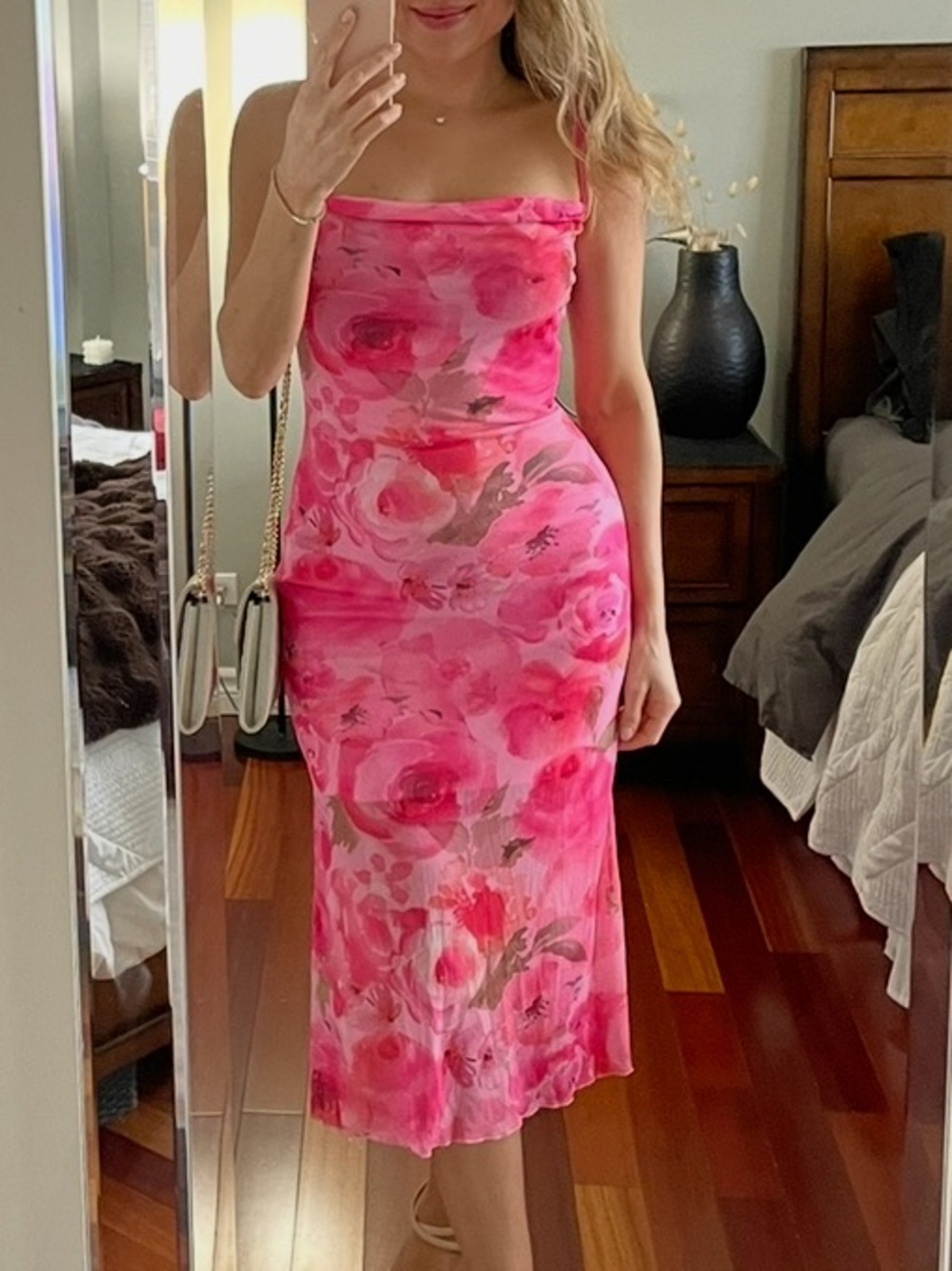 Pink Midi Dress with Floral Pattern Size S.